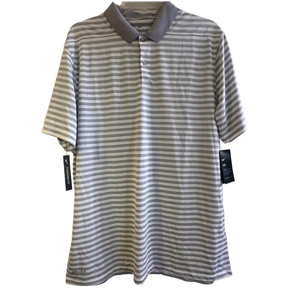 NWT Nike Golf Polo Golf Shirt Men's Large Dri-Fit Gray White Stripe 891853